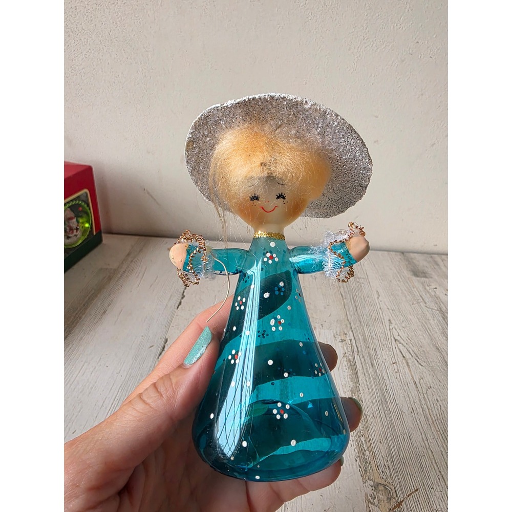 Vintage de carlini flower girl hat glass ornament dress lace glitter Xmas tree